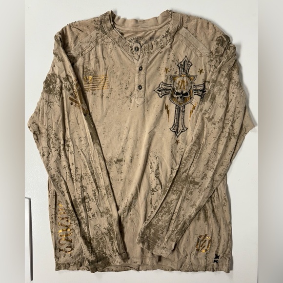Affliction Nepalm Shirt Long Sleeve Y2k Skull Angel Wings Cross Tan Gold Men XL - Picture 1 of 7